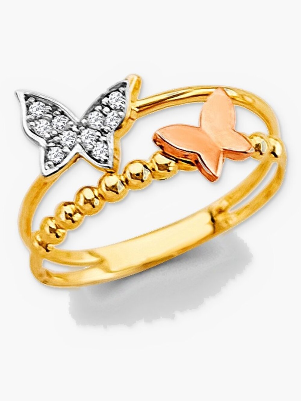 14K Solid Gold Tri-Color Butterfly Ring CZ Butterfly Double Band Ring